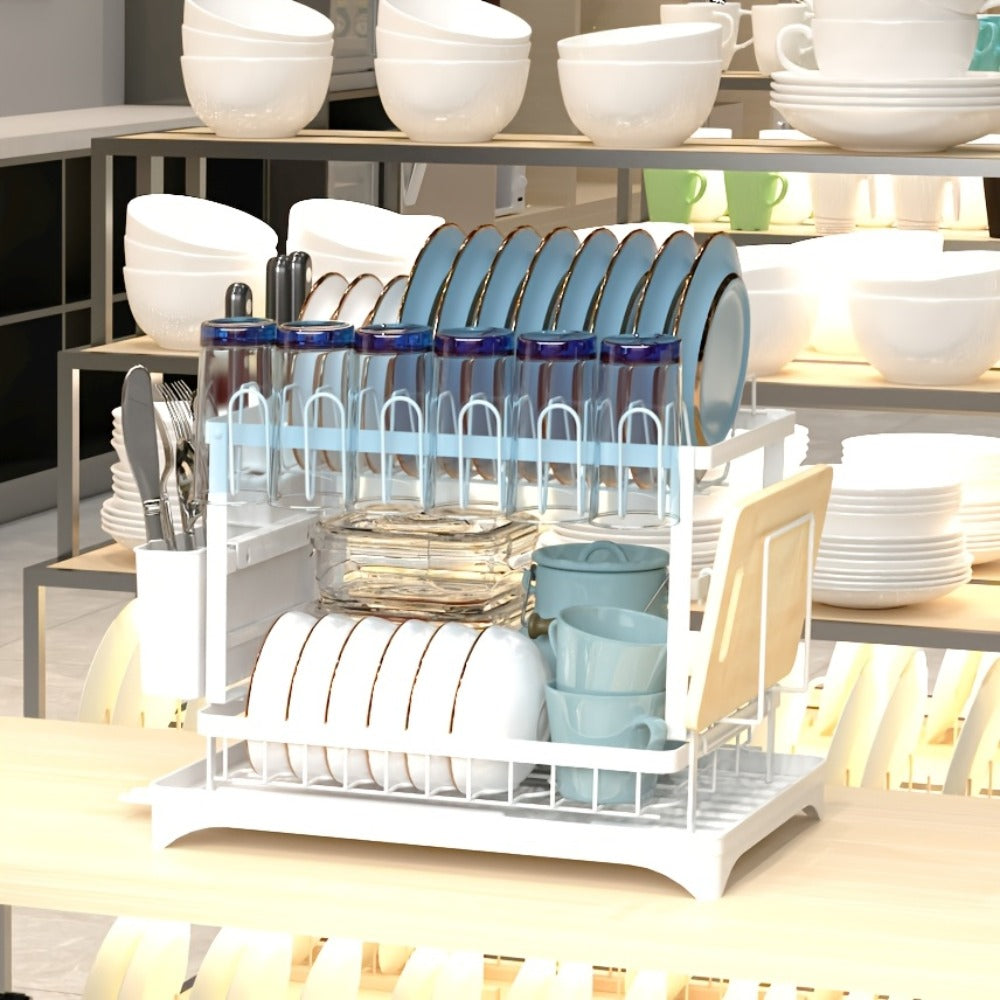 2-Layer Dish Drying Rack Kitchen Countertop Organizer – Dish Drain Rack with Knife Holder, Cup Rack & Cutlery Holder for Bowls