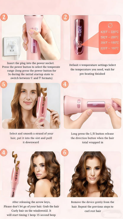 Automatic Rotating Curling Iron 4 Temperature Settings 40M Negative Ion Ceramic Barrel, for Home, Travel and Salon Hair Styling