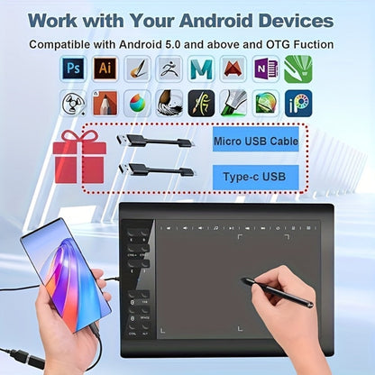 Graphics Drawing Tablet 10x6 Inch, 8192 Levels Pressure Sensitivity Battery-Free Stylus, 12 Programmable Shortcut Keys
