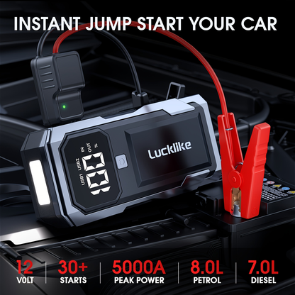Battery Jump Starter 5000A 3000A Peak for Gas Diesel Engines QC3.0 18W Fast Charge USB-C Recharge for Garden, Patio and Yard Use