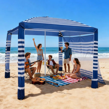 Beach Cabana 8x8ft UPF 50+ Adjustable Height Side Wall Navy Stripes for Garden, Patio and Yard Use