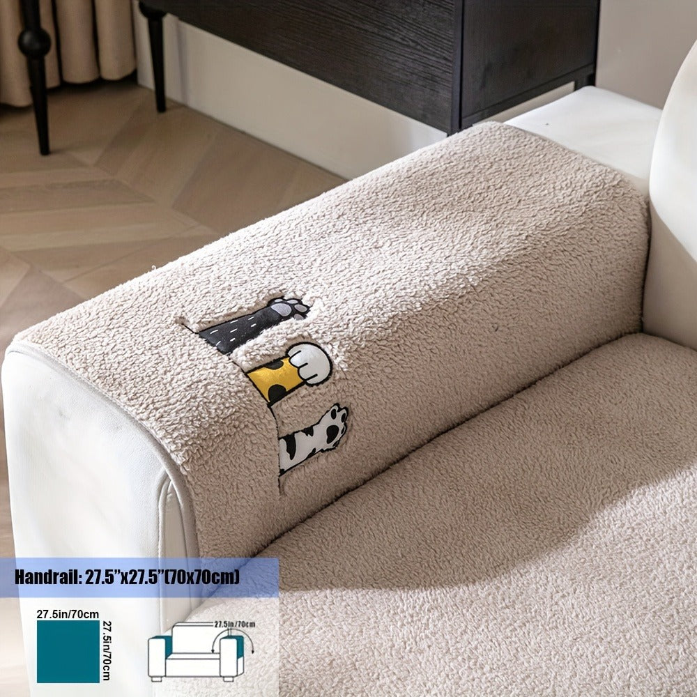 Sofa Cover, Sherpa Plush Cat-Paw Embroidered Seat Pad with Backing Detail in Four Colors and Seven Sizes