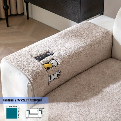 Sofa Cover, Sherpa Plush Cat-Paw Embroidered Seat Pad with Backing Detail in Four Colors and Seven Sizes
