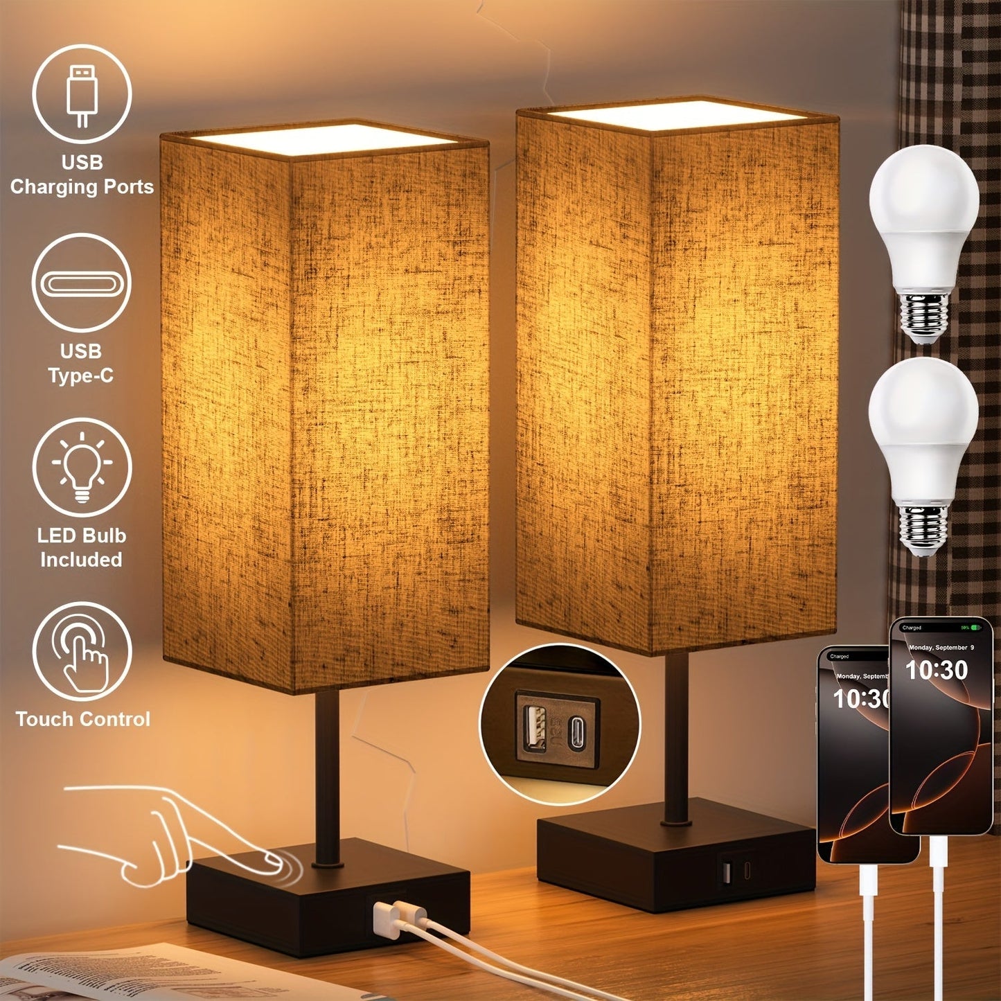 Bedside Lamps Set of 2 3-Way Dimmable Touch Nightstand Lamp USB-C A Charging Port LED Bulb for Entryways, Bedrooms and Living Spaces