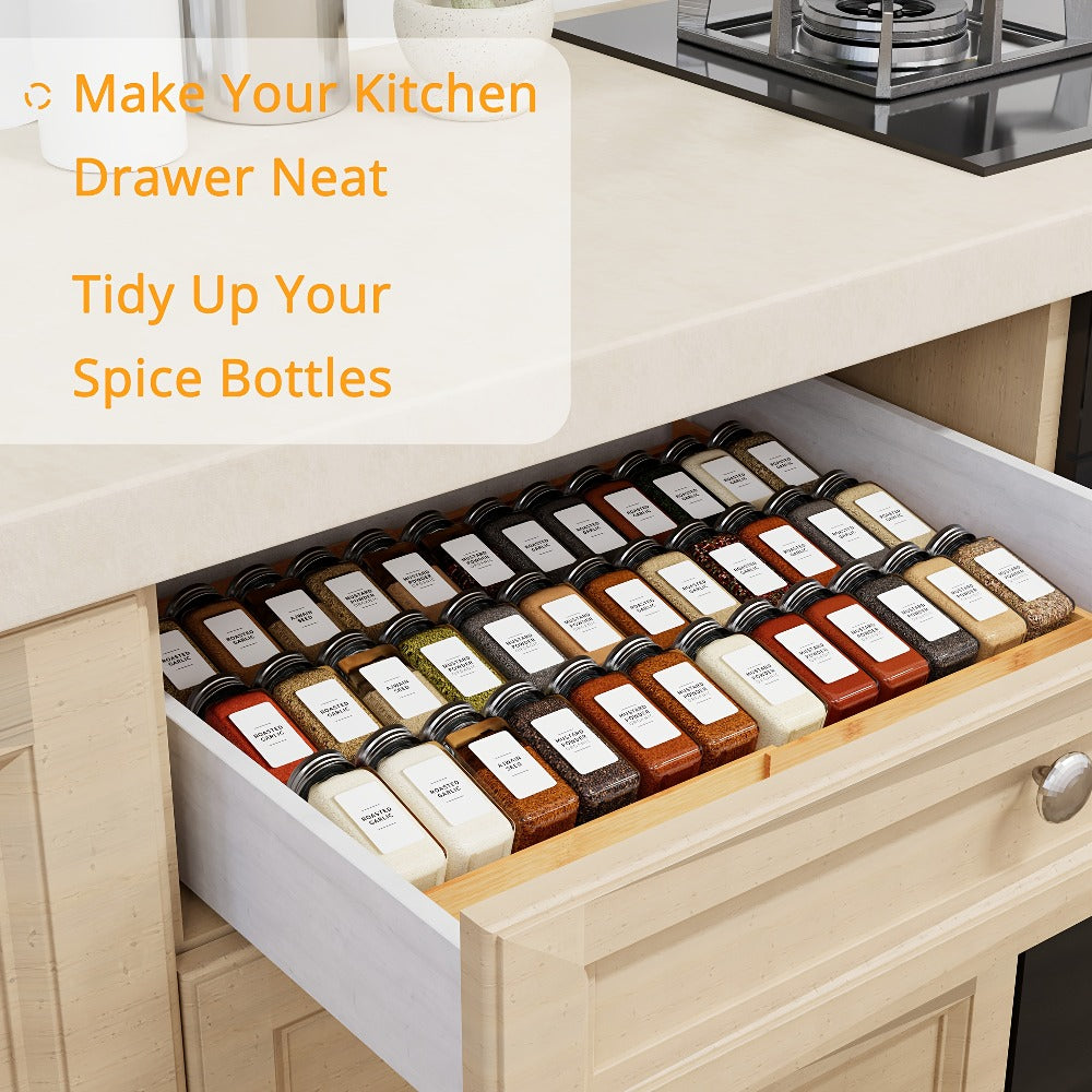 Spice Drawer Rack Kitchen Organizer 4-Tier Expandable Bamboo Tray Adjustable from 12 to 23 Inches