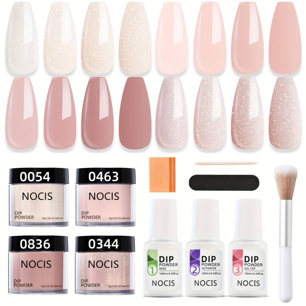 Dip Powder Nail Kit with NOCIS Label, Four Nude Blush Shimmer Powders, Three 10ml Liquids and Four Tools