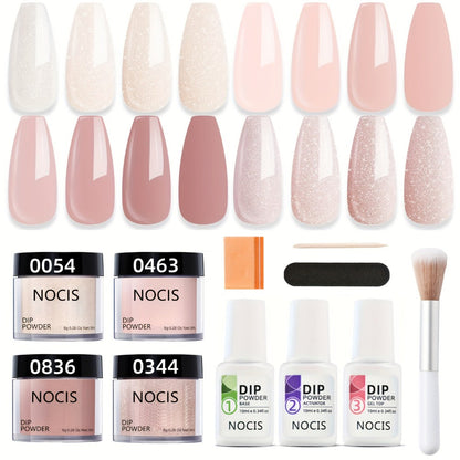 Dip Powder Nail Kit with NOCIS Label, Four Nude Blush Shimmer Powders, Three 10ml Liquids and Four Tools