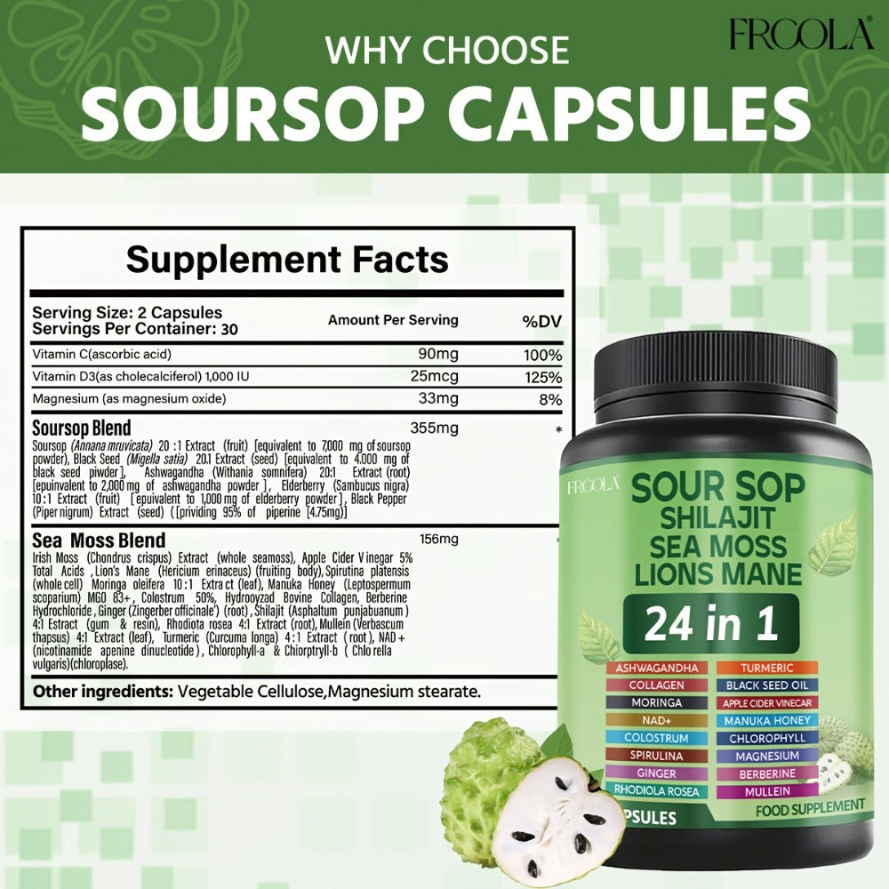 Sea Moss Capsules 24-in-1 Superfood Blend 2238mg with Soursop Shilajit Lion's Mane Graviola