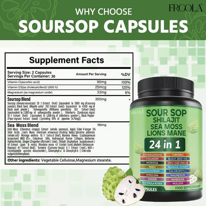 Sea Moss Capsules 24-in-1 Superfood Blend 2238mg with Soursop Shilajit Lion's Mane Graviola