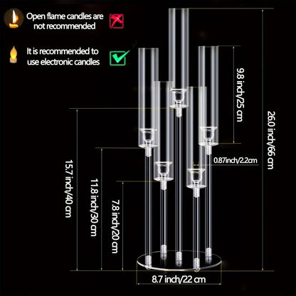 Candle Holder Set of 2 Clear Acrylic Five-Arm Candelabras with Cylindrical Shades for Flameless LED Candles