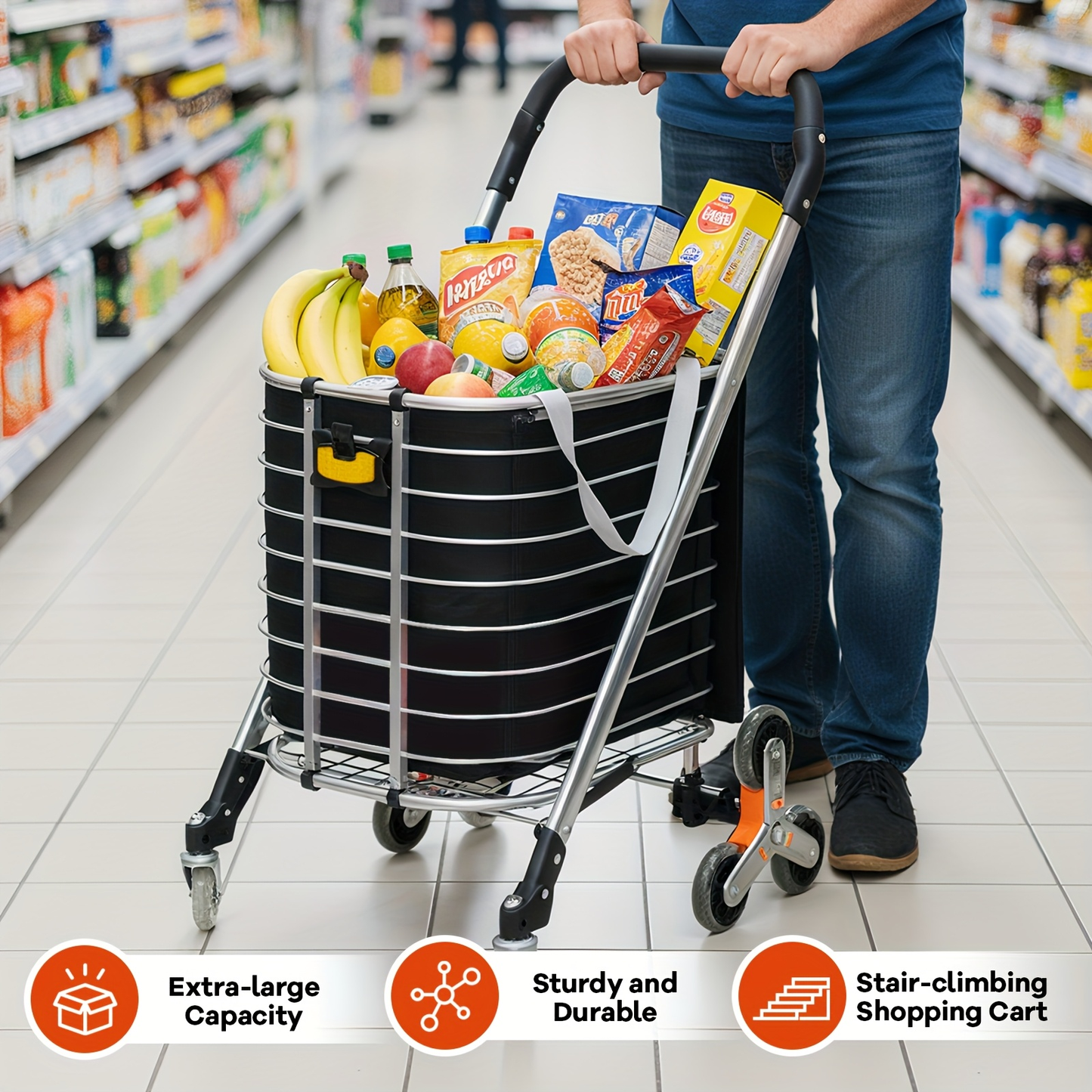 Stair Climbing Cart Collapsible Shopping Trolley with Swivel Wheels & Night Light, for Garden, Patio and Yard Use