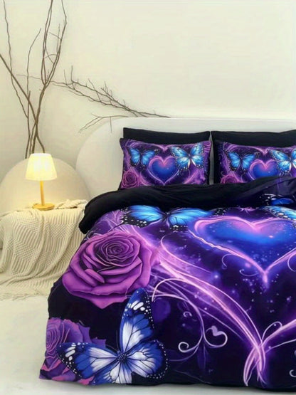 3-Piece Duvet Cover Set with Purple Butterfly, Rose and Heart Print, Zipper Closure and Four Sizes