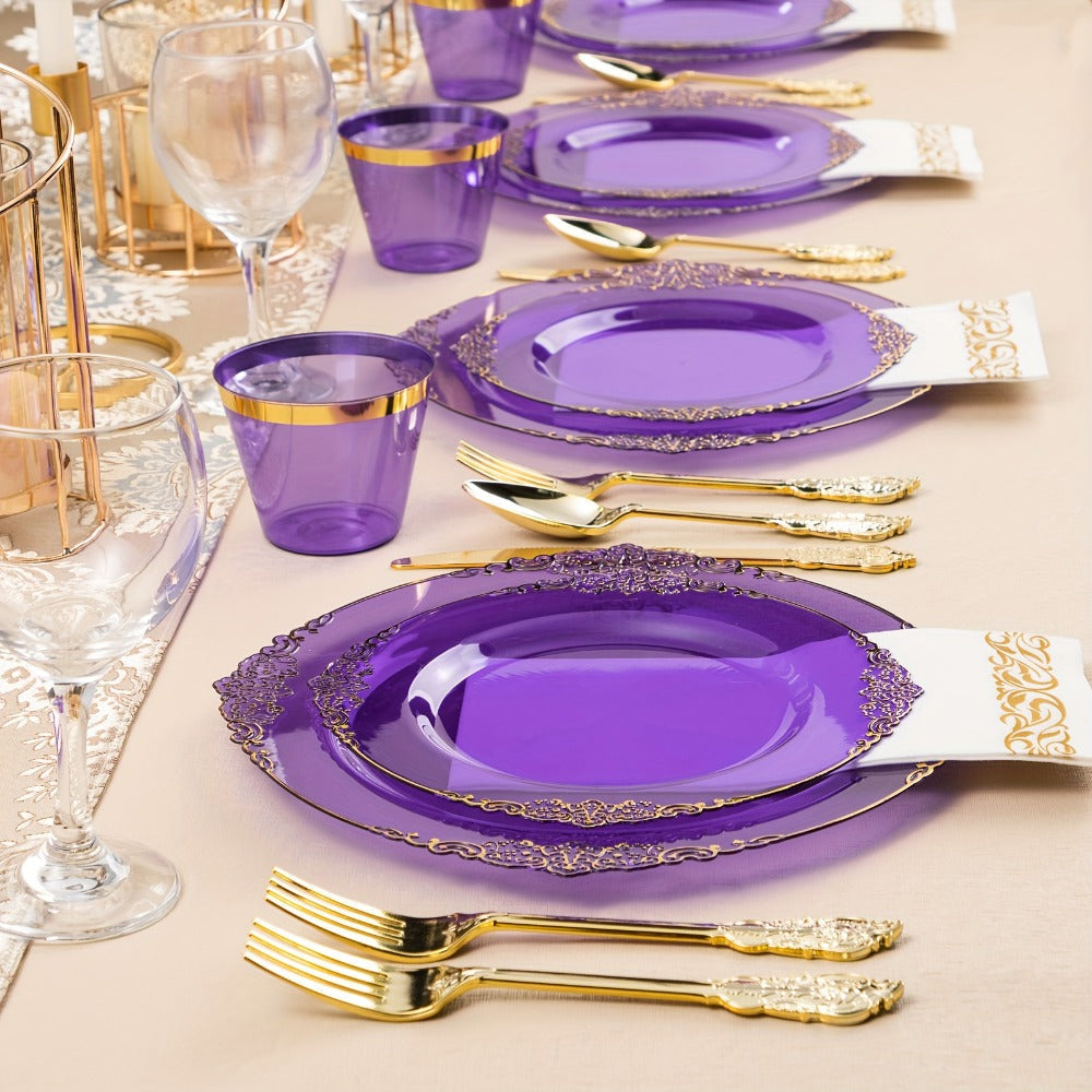 Disposable Party Plates Set 175 Pieces for 25 Guests Clear Plastic Plates with Gold Trim for Entryways, Bedrooms and Living Spaces
