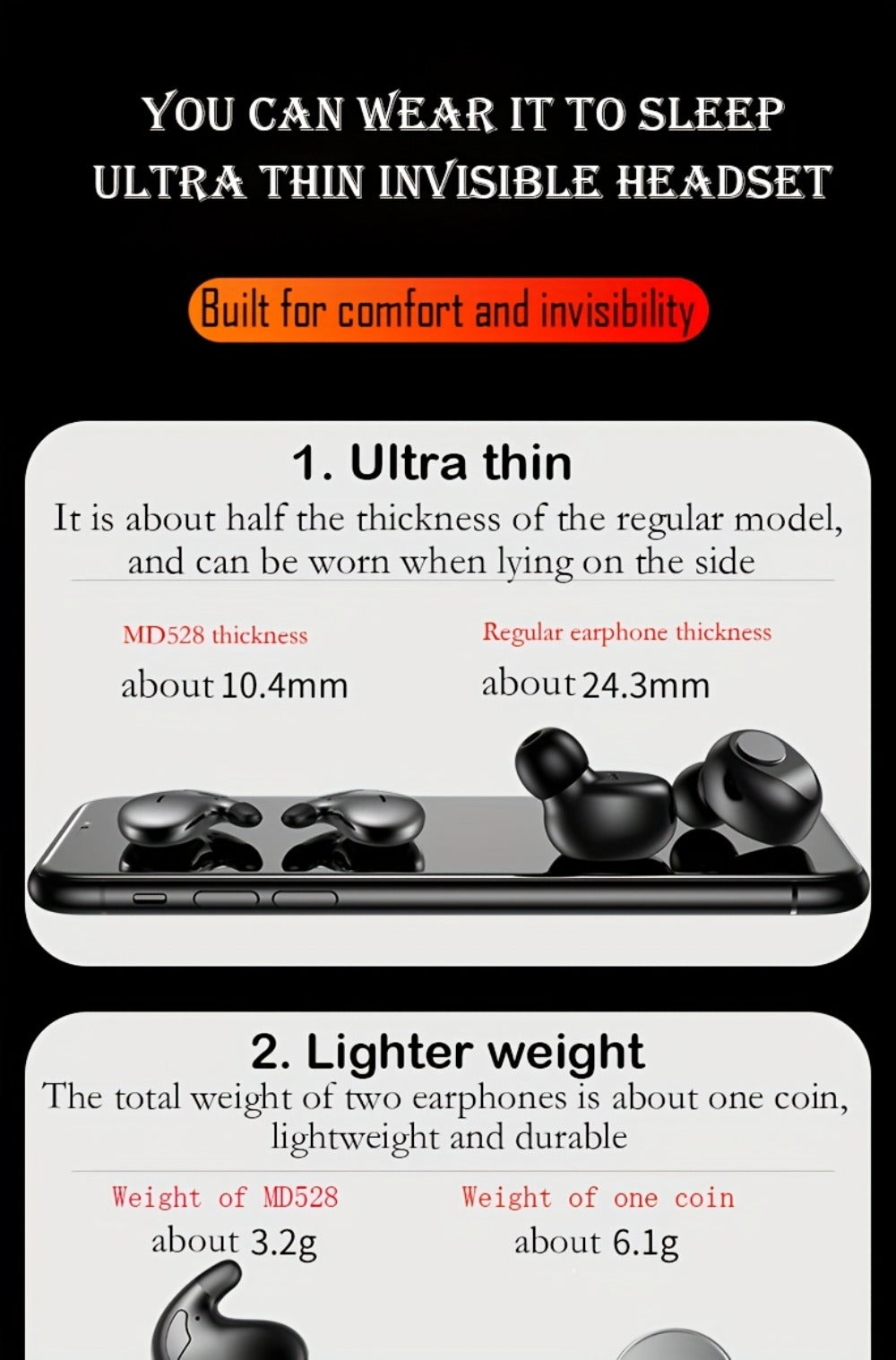Ultra-Thin Bluetooth 5.3 Sleep Earbuds with Digital Charging Case in Black, Khaki or White