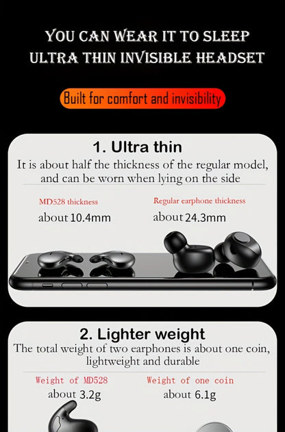 Ultra-Thin Bluetooth 5.3 Sleep Earbuds with Digital Charging Case in Black, Khaki or White