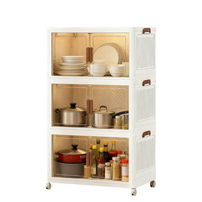Stackable Foldable Storage Cabinet with Door, PP Plastic 1/2/3/4/5 Layer Organizer Box with Wheels & Cover