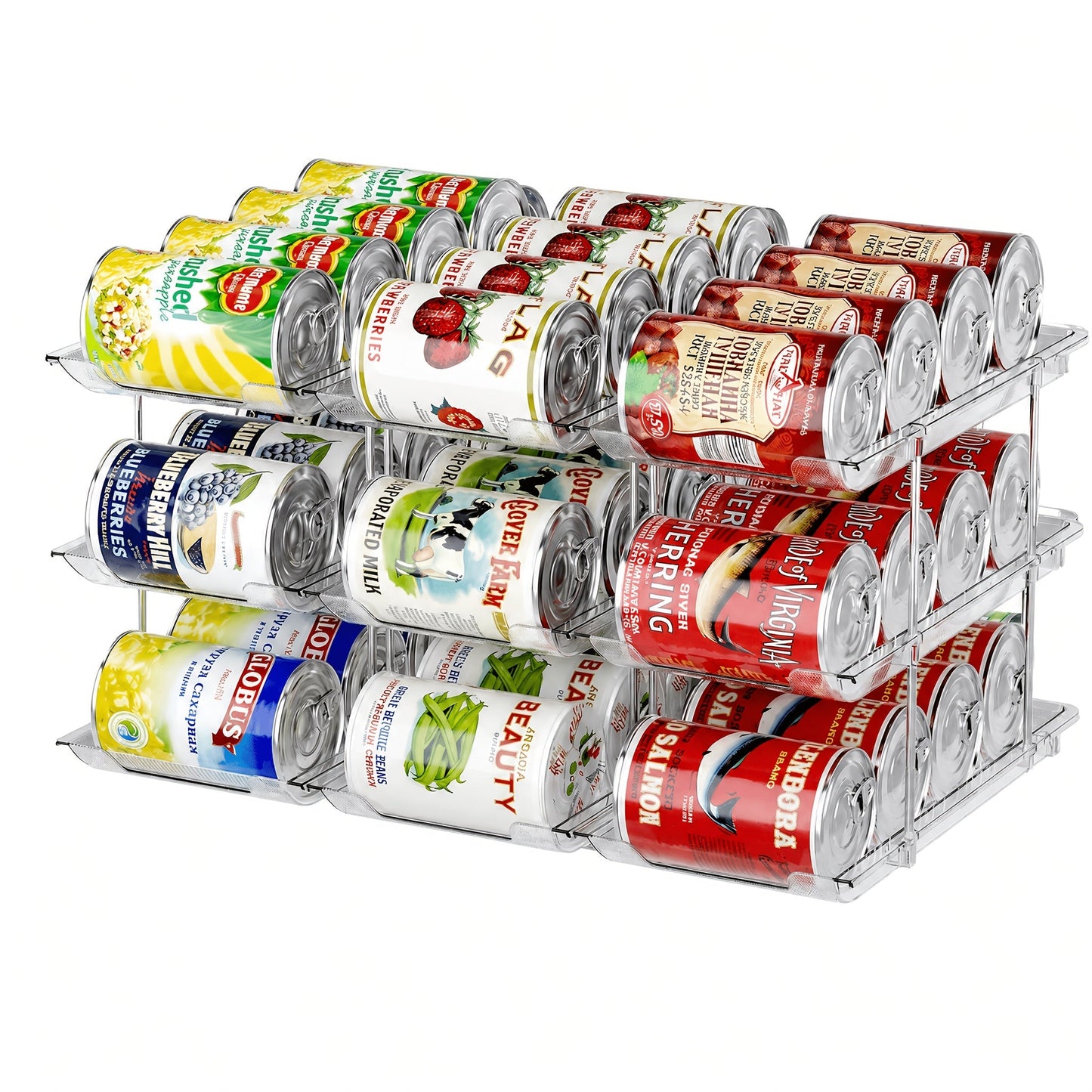 Can Storage Organizer 36-Can 3-Tier Auto-Rolling PET Rack with Assembly Detail for Pantry Use