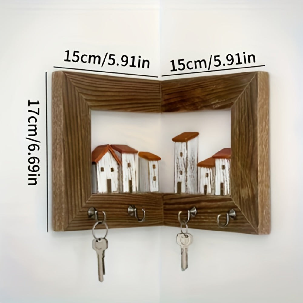 Wall Mounted Key Rack with Hooks – Rustic Wooden Key Holder with 6 House Hooks, Entryway Storage Organizer for Home Bedroom Wall Decor