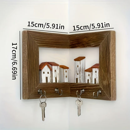 Wall Mounted Key Rack with Hooks – Rustic Wooden Key Holder with 6 House Hooks, Entryway Storage Organizer for Home Bedroom Wall Decor
