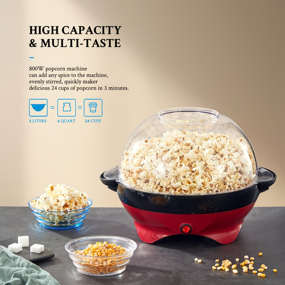 Popcorn Machine 800W Electric Stirring Popcorn Maker – 6-Quart Non-Stick Plate, Quick-Heat Technology, Cool-Touch Handles