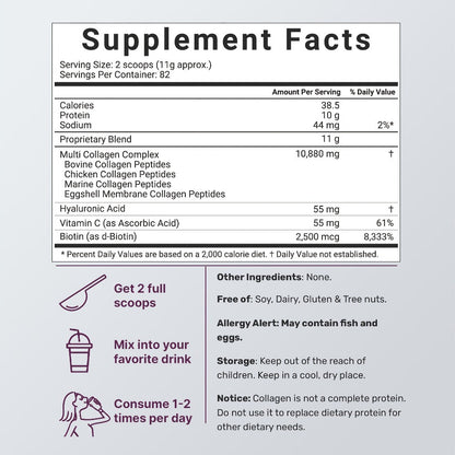 Collagen Powder Multi- Complex, Hydrolyzed Types I, II & III with Skin Nutrients for, Skin Elasticity