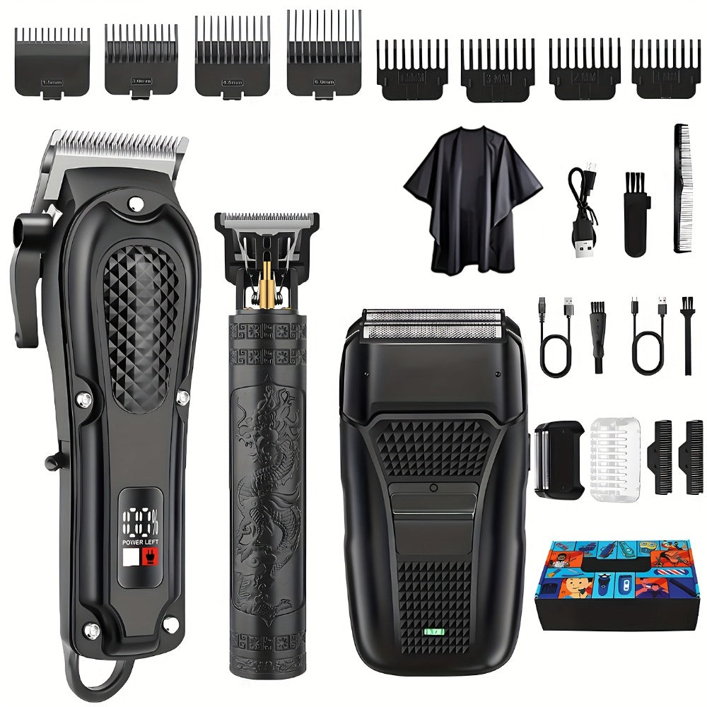 Men's Grooming Kit Hair Clipper Set USB Rechargeable LCD Display – Professional Clipper Razor T-Blade Trimmer 8 Guide Combs & Apron Complete