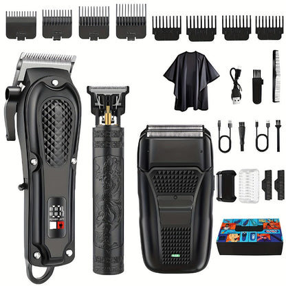 Men's Grooming Kit Hair Clipper Set USB Rechargeable LCD Display – Professional Clipper Razor T-Blade Trimmer 8 Guide Combs & Apron Complete