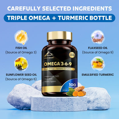 Omega 3 6 9 Supplement Softgels with Flaxseed, Fish Oil & Turmeric, Heart, Brain, Liver & Skin Support for Women & Men
