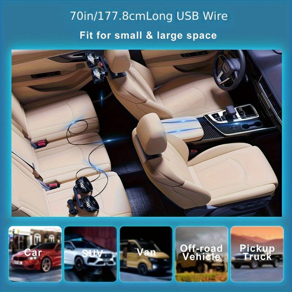 Car Fan for Back Seat – Dual Head USB Cooling Fan, Foldable 360° Rotation, Ultra-Quiet Motor, 70-Inch Cord, for Vehicle, Home & Office Use