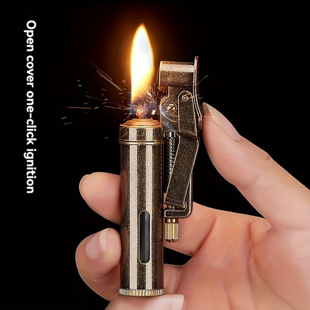 Retro Copper Kerosene Lighter, Pure Copper Vintage Flip Top One-Click Ignition Lighter, Nostalgic Personality Design