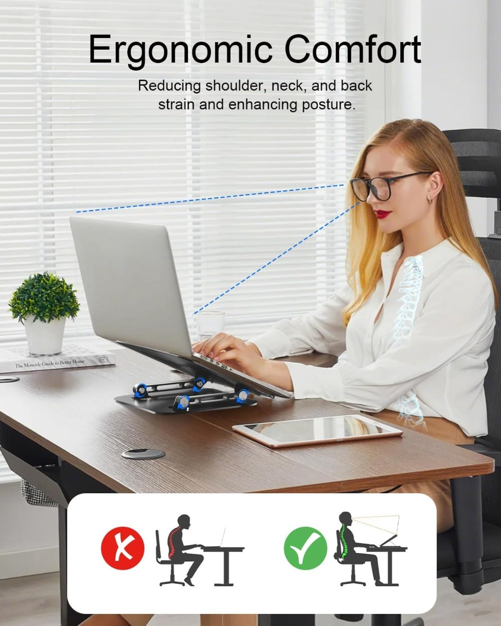 2-in-1 Laptop Stand with Phone Holder, Ergonomic Adjustable Computer Stand with Heat Dissipation, Foldable Desk Riser for 10-16 Inch