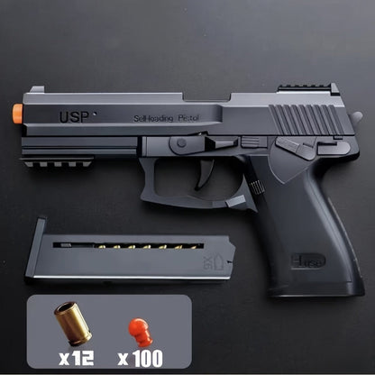 USP Clip Toy Gun Pistol with Continuous Shooting, 100 Bullets & 2 Magazines Rapid Fire Foam Blaster for Kids Boys Girls Ages 6+