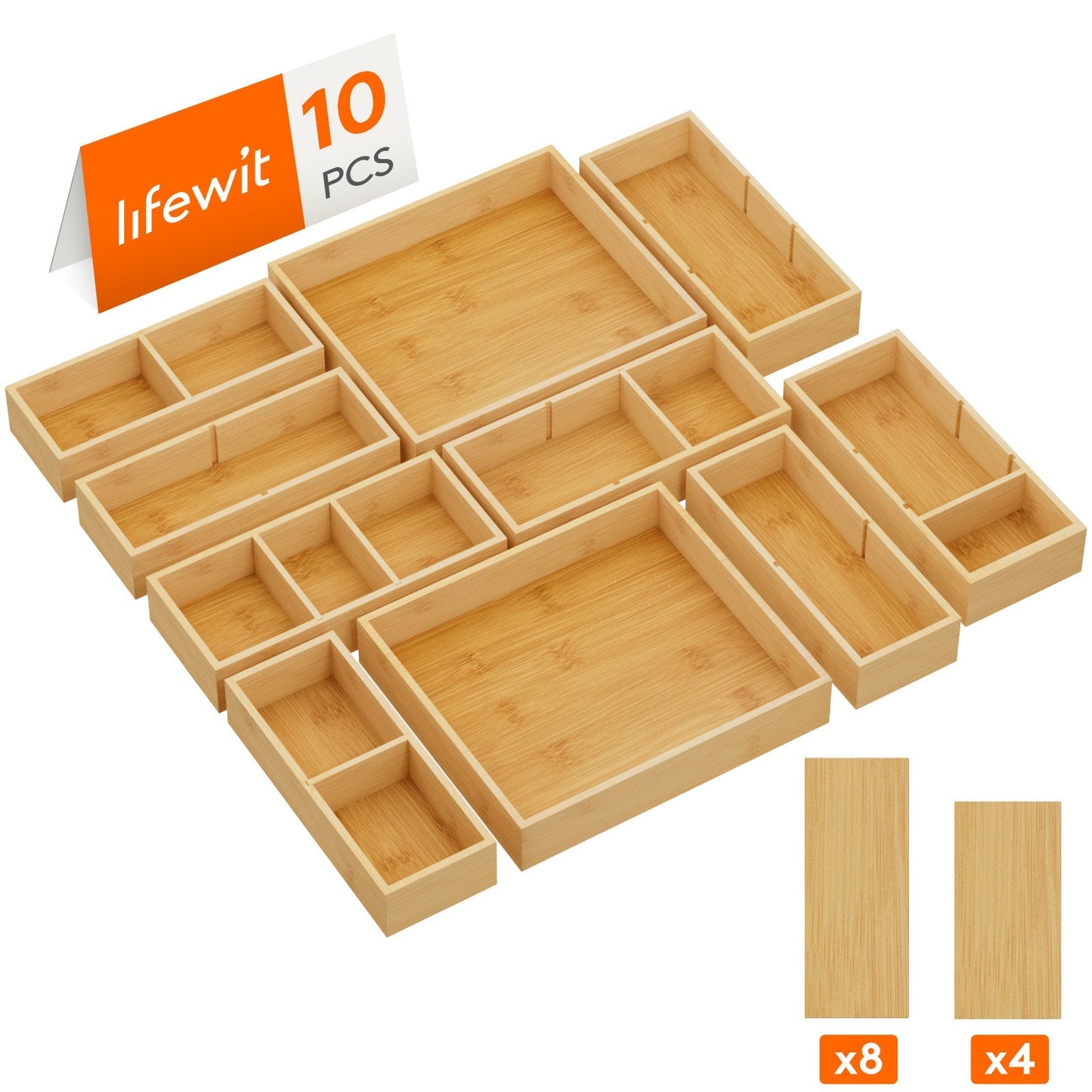 Bamboo Drawer Organizer 10 Pack, Adjustable Stackable Drawer Dividers Bins for Kitchen Utensils, Silverware
