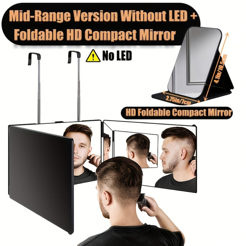 Barber Mirror, 3 Way Mirror for Self Hair Cutting with LED Lights, 360° View Anti-Fog HD Glass USB Rechargeable Folding Barber Mirror