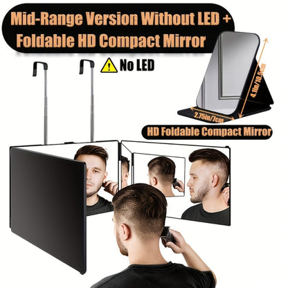 Barber Mirror, 3 Way Mirror for Self Hair Cutting with LED Lights, 360° View Anti-Fog HD Glass USB Rechargeable Folding Barber Mirror
