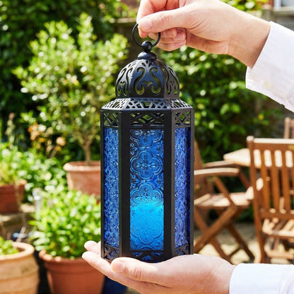 Moroccan Candle Lantern Holder - Decorative Metal & Glass Lantern with Embossed Floral Design for Indoor Home Decor
