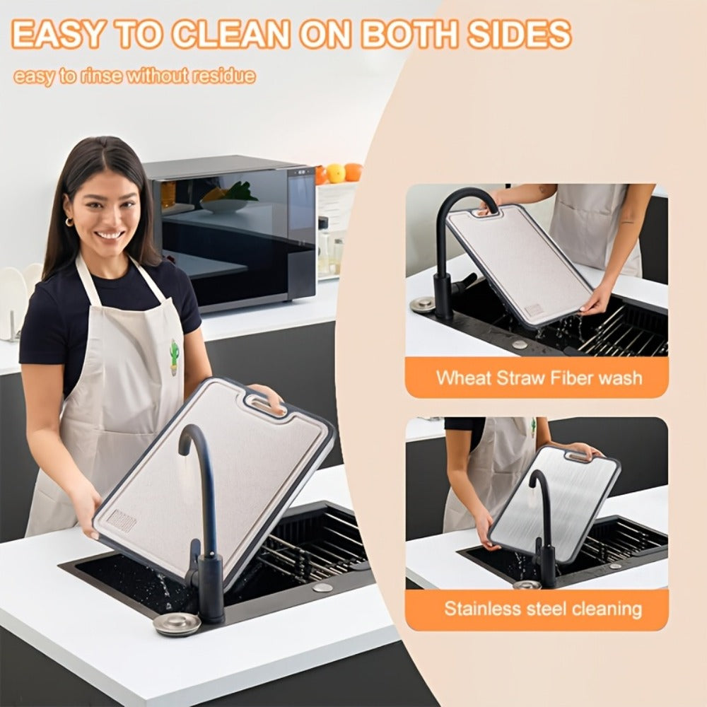 Double-Sided Cutting Board with Stainless-Steel and Wheat-Straw PP Faces, Handle and 16 x 11-Inch Size