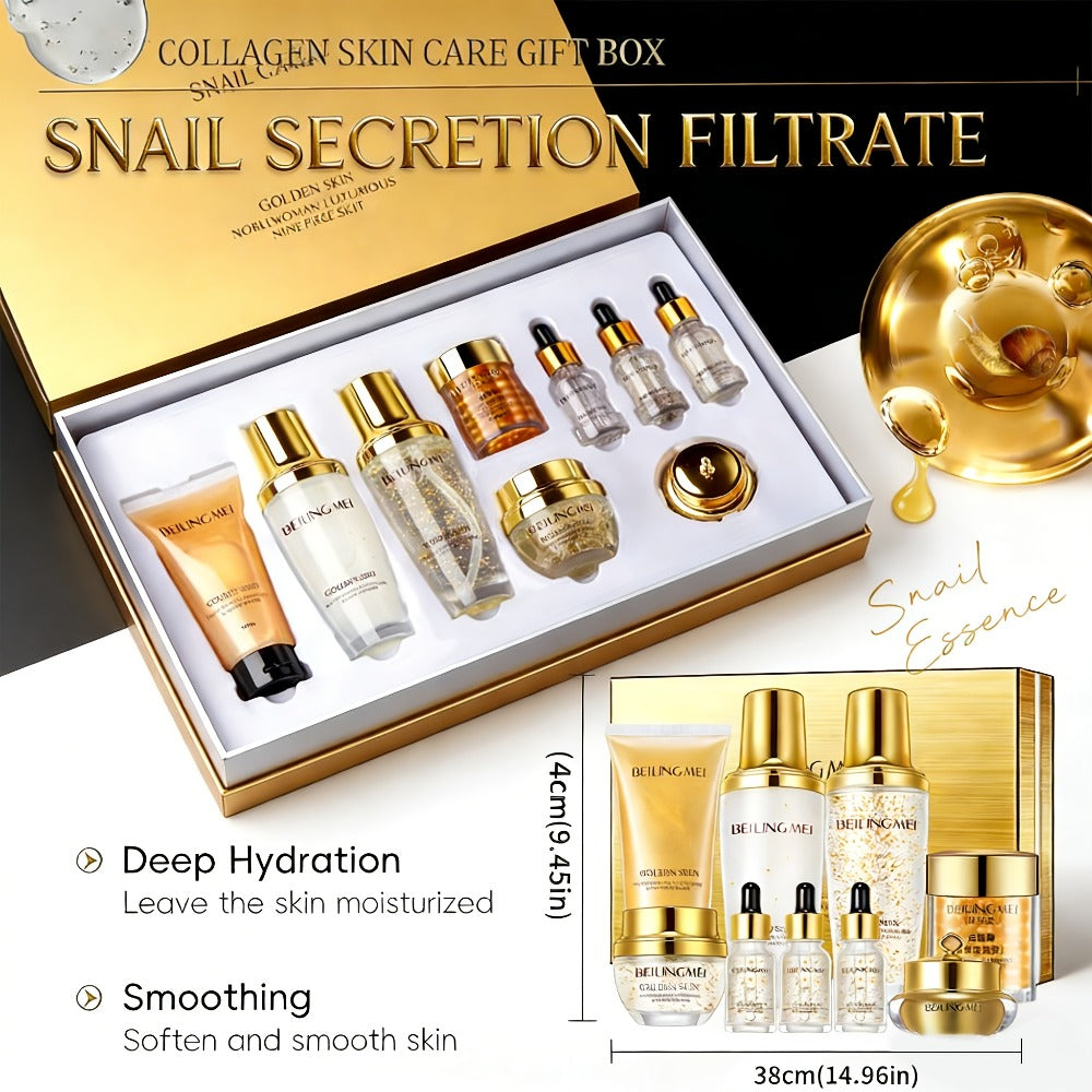 Skincare Gift Set for Women 9pcs Golden Luxury Kit, Niacinamide Collagen Hyaluronic Acid Daily Facial Care Premium Birthday Holiday Gift