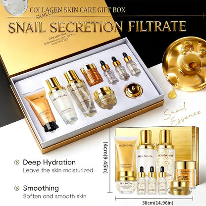 Skincare Gift Set for Women 9pcs Golden Luxury Kit, Niacinamide Collagen Hyaluronic Acid Daily Facial Care Premium Birthday Holiday Gift