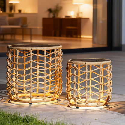 Outdoor Side Tables for Patio, Set of 2 Nesting PE Wicker Frames with Tempered Glass Tops for Patio or Balcony Layouts