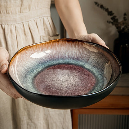 Irregular Deep Dish Ceramic Plate, Artisan Handcrafted Salad Soup Bowl Dish, Unique Edge Design, Tableware for Family Dining