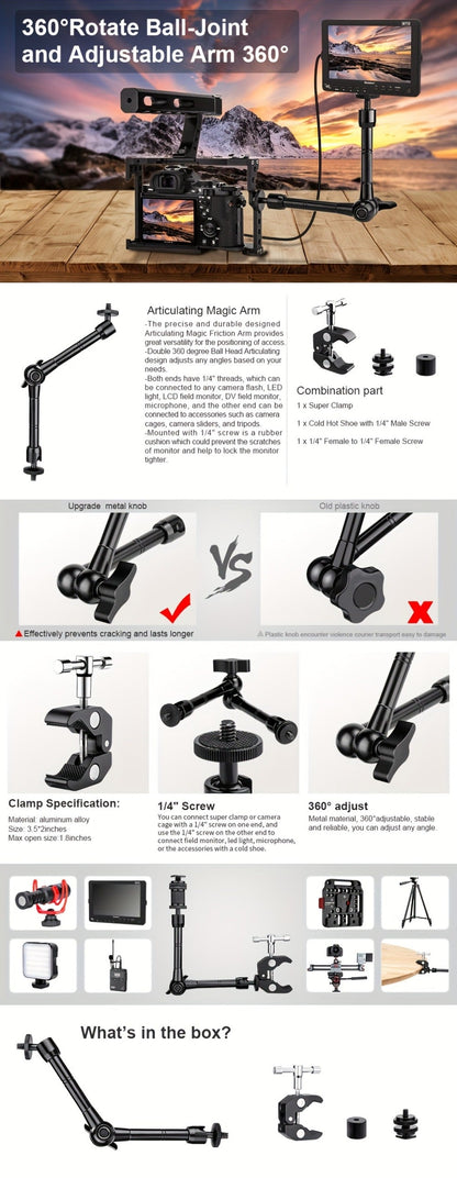 Magic Arm 11 Inch Friction Articulating with Super Clamp, Camera Arm for DSLR, LCD Monitor, LED Light