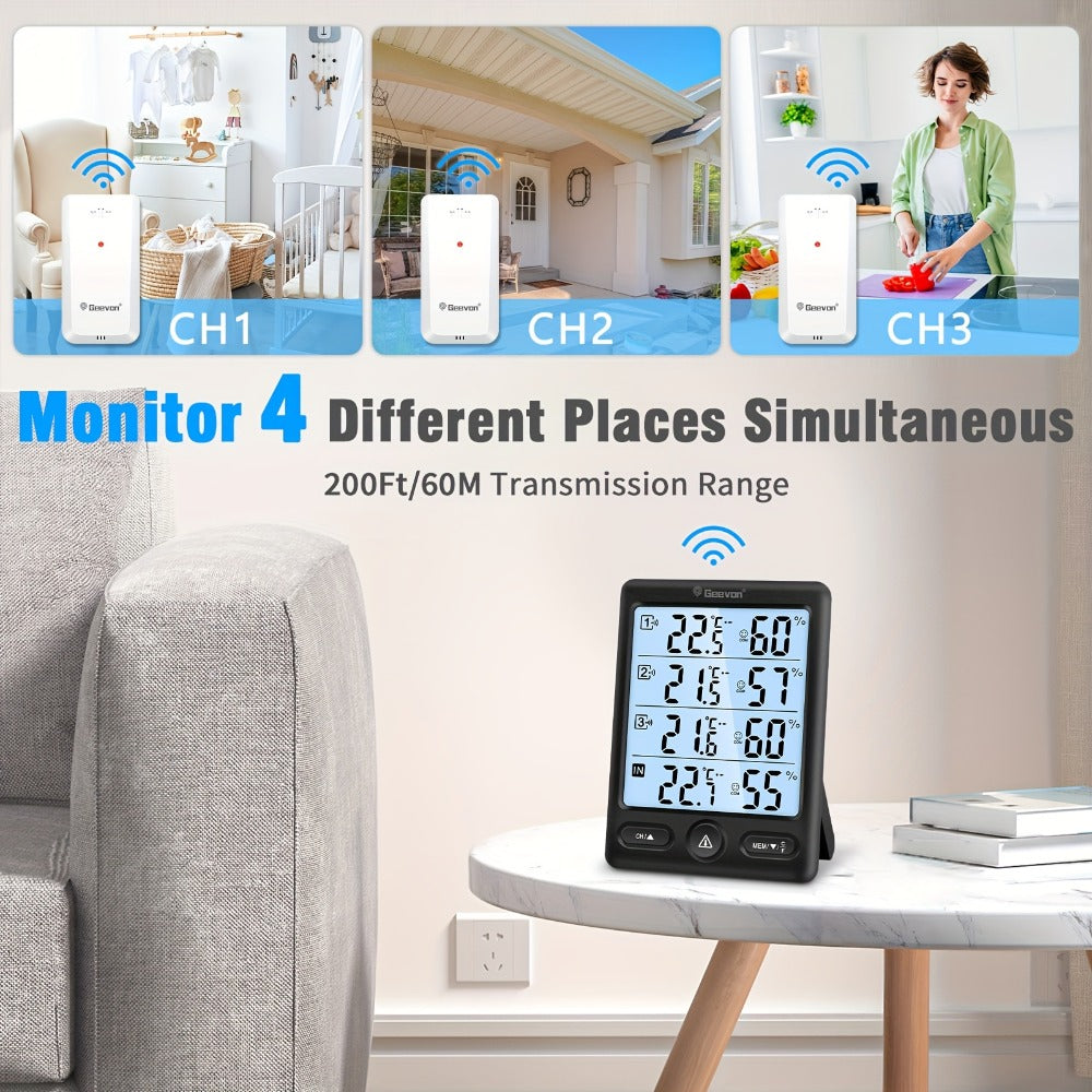 Indoor Outdoor Thermometer Wireless with 3 Remote Sensors - Digital Hygrometer Temperature Humidity Monitor