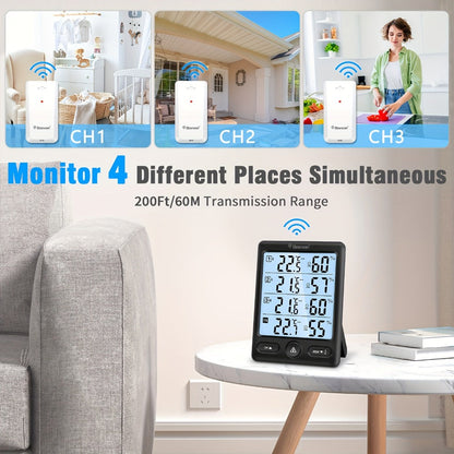 Indoor Outdoor Thermometer Wireless with 3 Remote Sensors - Digital Hygrometer Temperature Humidity Monitor