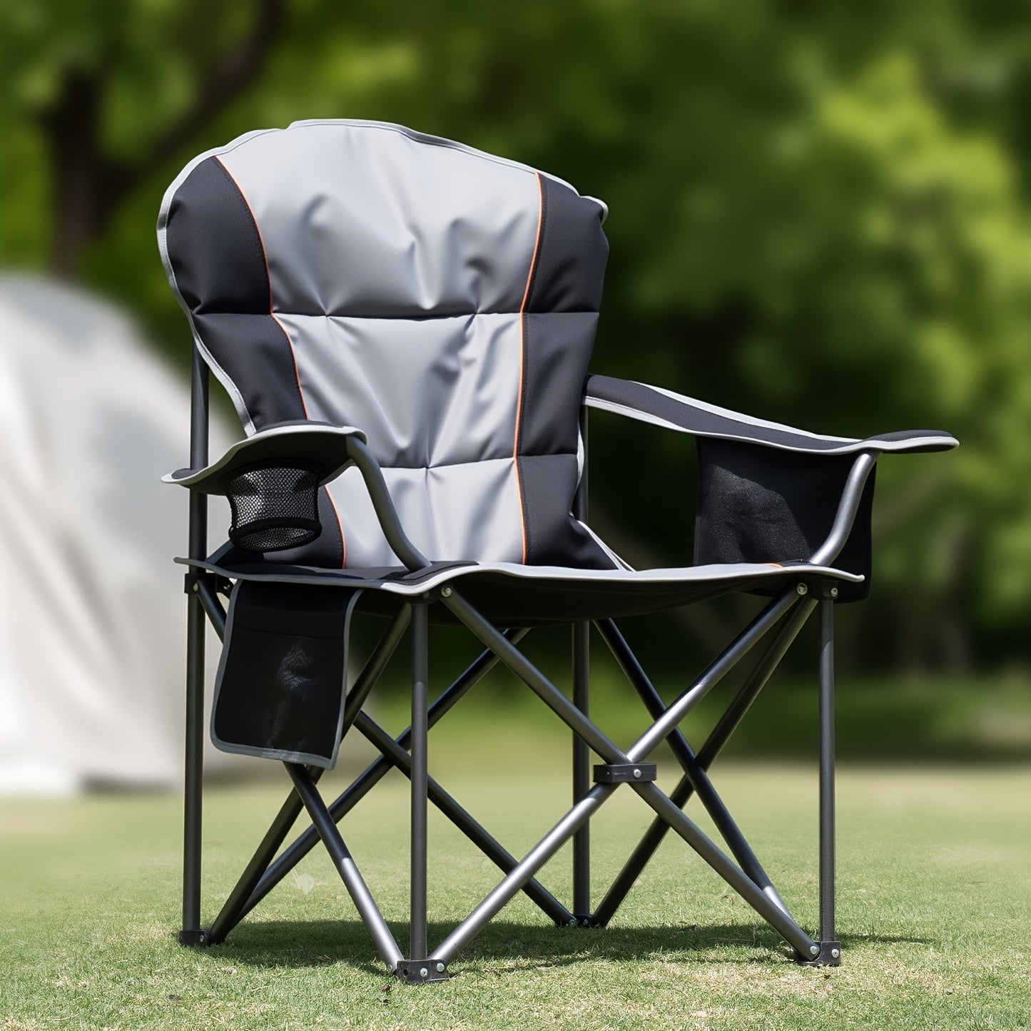 Heavy Duty Folding Camping Chair 600 Lbs Capacity – Padded Seat, Insulated Cooler Bag, Organizer Pockets & 2 Cup Holders for Camping, Beach