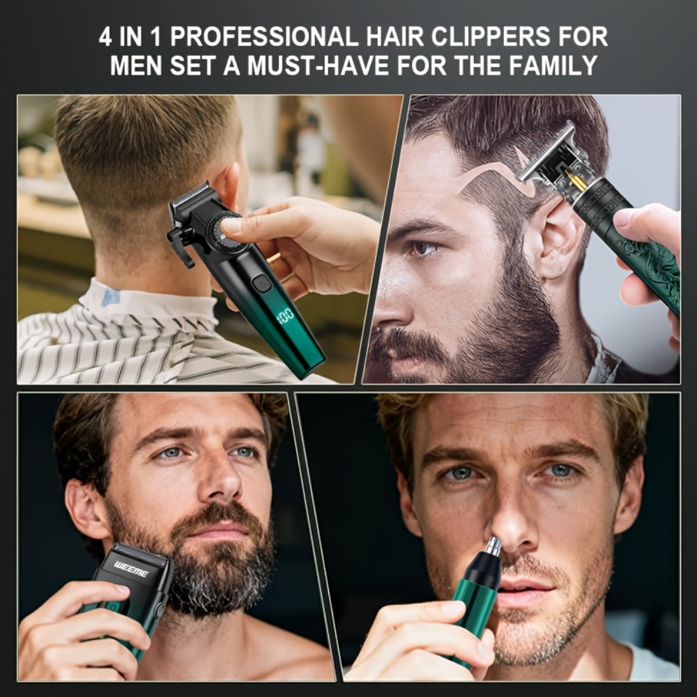 Hair Cutting Set 4pcs Professional - Electric Hair Clipper, Electric Shaver, T-Blade Trimmer & Nose Hair Trimmer