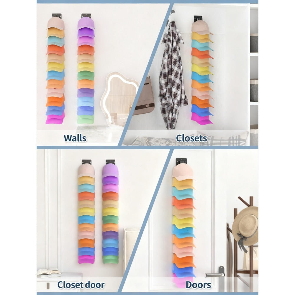 Hat Organizer Wall Mounted 2-Pack, 24-Cap Storage Hooks, Adhesive or Drill Install, Closet Entryway Bedroom Hat Rack