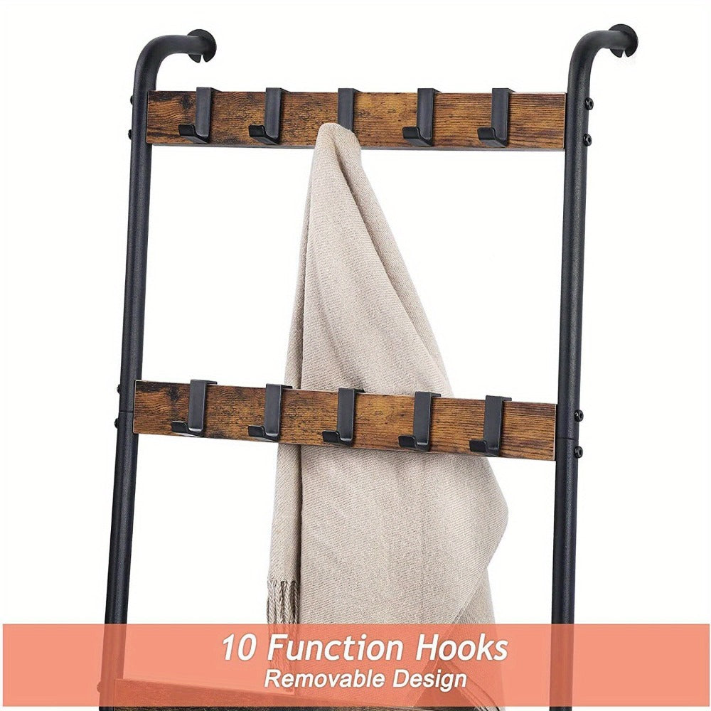 Blanket Ladder Storage Organizer 5-Tier Metal Rack with 10 Detachable Hooks in Brown or Black