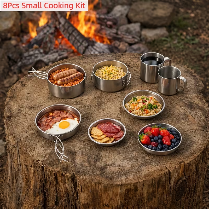 Camping Cookware Set, 8- or 14-Piece Coated Aluminum Mess Kit with Pot, Pan, Kettle, Plates and Flatware