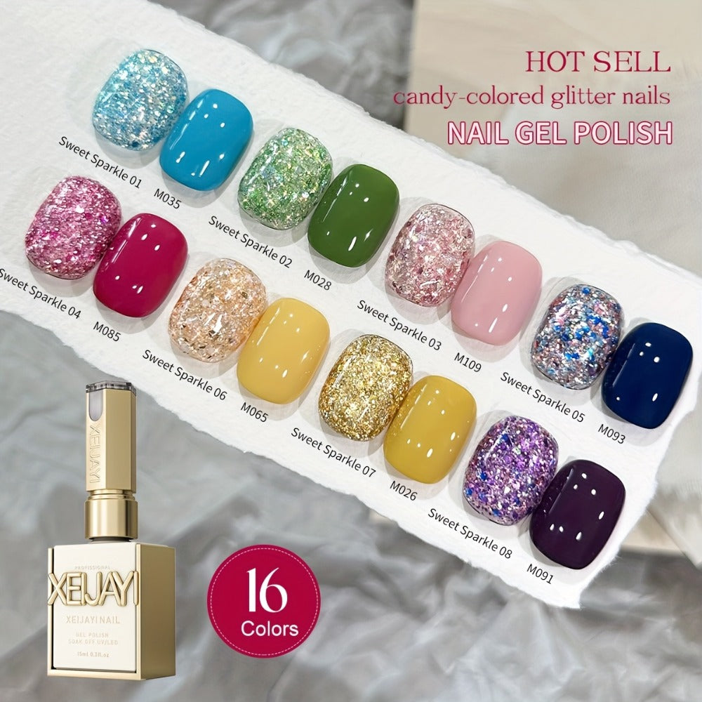 Gel Nail Polish Two-Color Candy Glitter Duo, 0.51 oz Each with Seven Shade Pair Options for UV/LED Curing